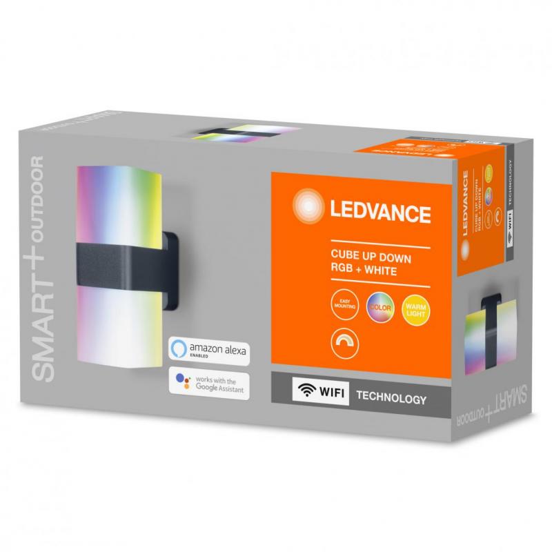 Aplica LED RGB pentru exterior Ledvance SMART+ Wifi Cube UpDown, 14W, 950 lm, lumina alba si color (3000K), IP44/IK03, 205x110x80mm, Gri inchis
