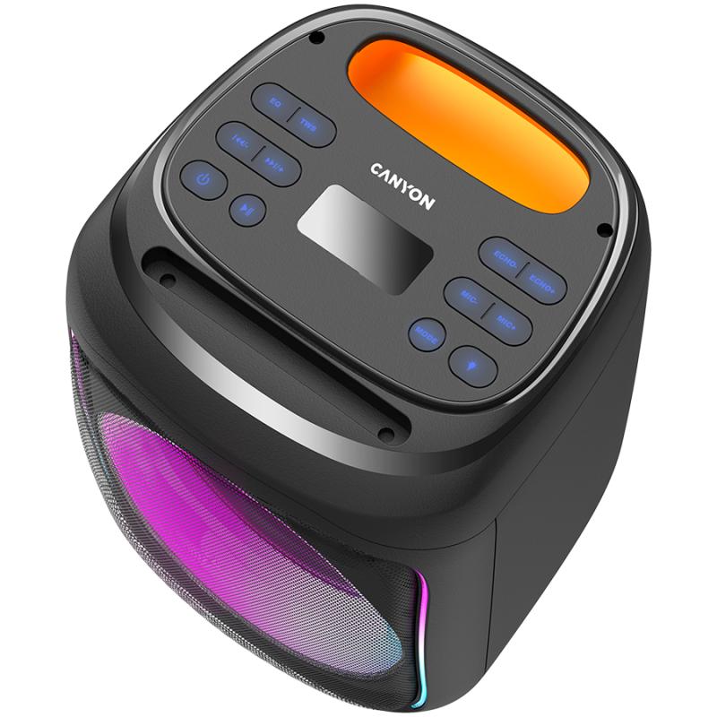 CANYON OnFun 5, Partybox speaker,Spec: speaker drivers: 6.5''+1.5'tweeter Power Output : 40W Lithium Battery : 7.4v 3600mAh Function : AUX+TF+MIC+BT+USB+DSP+EQ+ehco+. Color: Black body,orange handle.